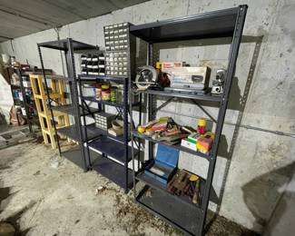 Three Metal Storage Shelves w Contents