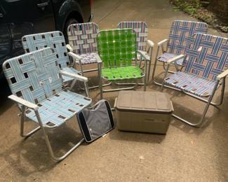 Vintage Sunbeam Lawn Chairs, Coleman Cooler, Rubbermaid Cooler, Ozark Trail Outdoor Cushion
