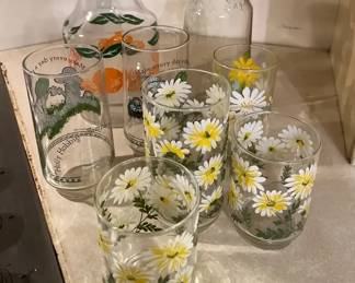 Vintage Glassware Libbey Daisy Glasses, AH Glass Orange Juice Carafe and Holly Hobbie Glasses