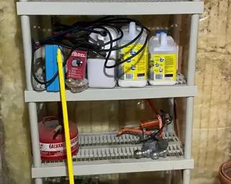 Two Plastic Storage Shelves w Contents