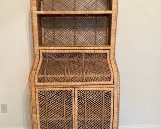 Vintage Rattan Hutch with Shelving and Storage