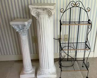 Two PlasterConcrete Plant StandsColumns, Metal Plant Stand