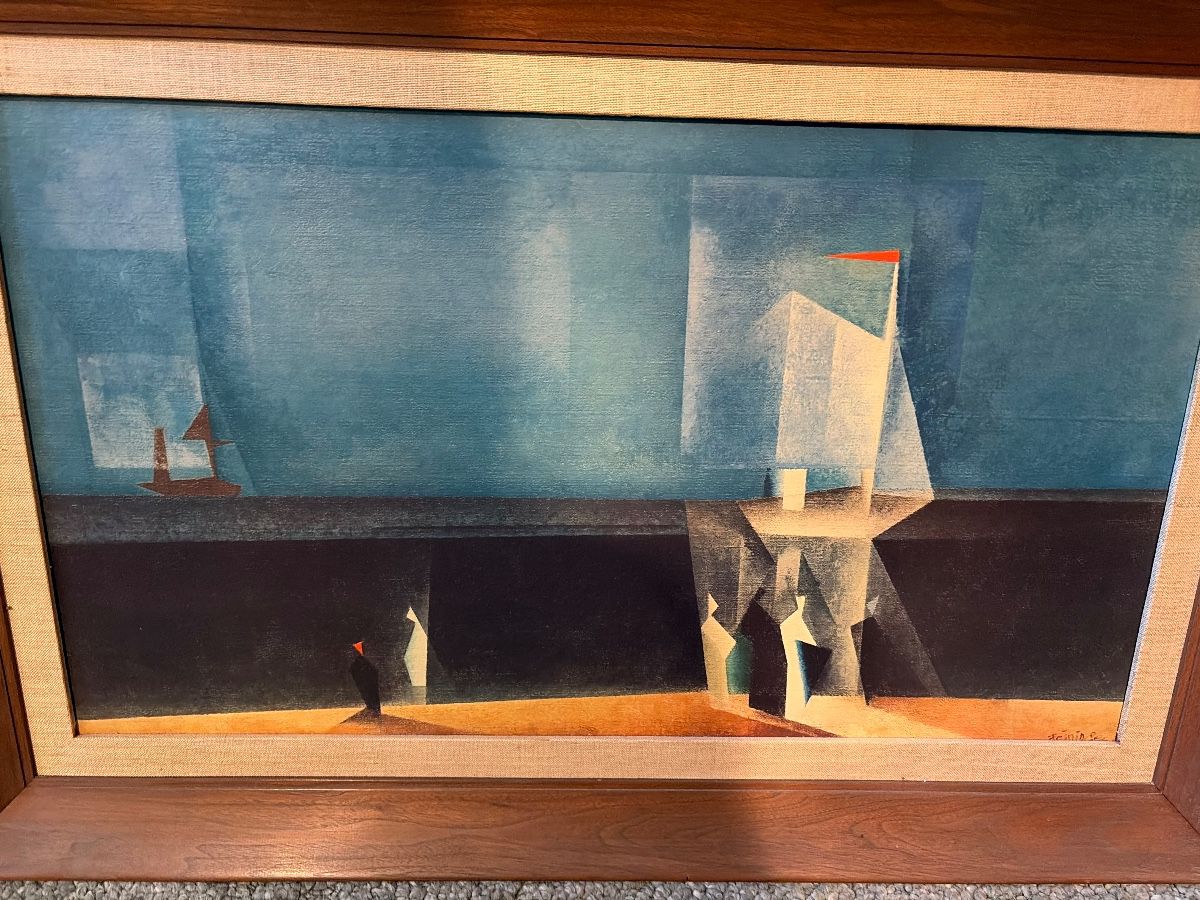 Vintage framed print on board by Lyonel Feininger titled Blue Marine