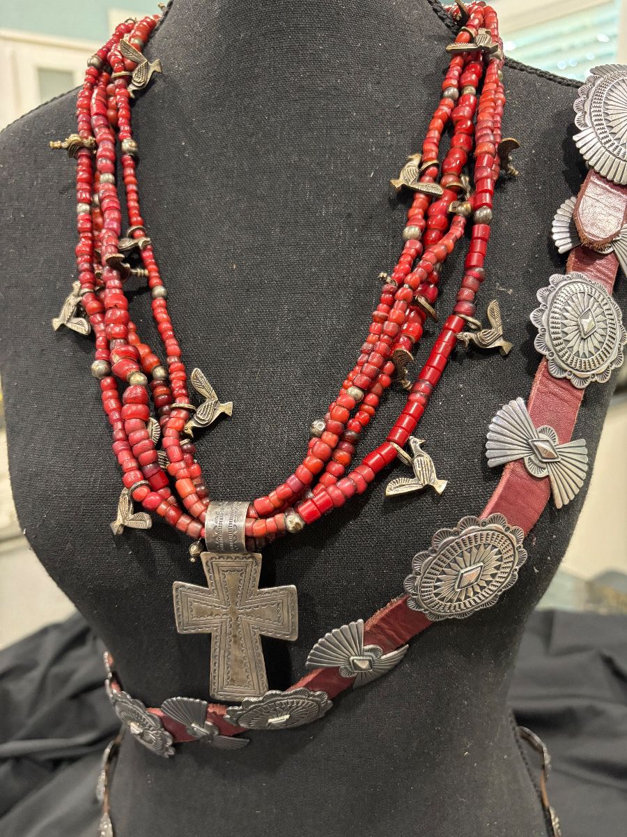 Stunning Coral and sterling Fetish necklace, Signed Concho belt by Navajo artisan Patricia Platero