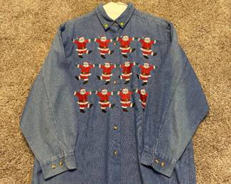 Vintage Embroidered Santa's Bells Denim Christmas Shirt