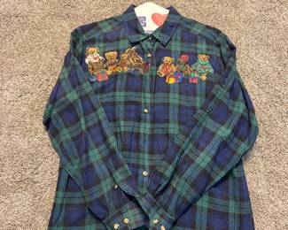 Vintage Cambridge Dry Goods Women's Flannel Embroidered Teddy Bears Shirt Vintage
