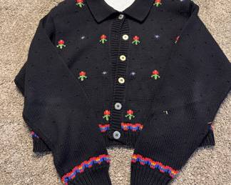 Vintage Liz Claiborne Designer Black, Red Floral Cardigan Sweater