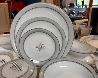 Noritake Crest Patten Pink Lily of the Valley Green and silver (Discontinued 1953-1964)