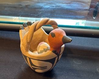 Jemez Pottery bird basket with tiny eggs signed by S.T. Sando