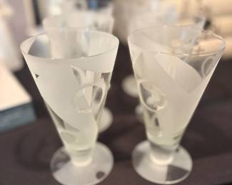 Vintage drinking glasses featuring geometric shapes the mid-century Art Deco retro 1970s "cubist" glasses Signed RA. The well-known maker Robert Allison