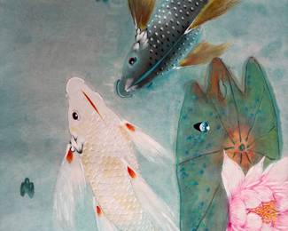 Beautiful delicate signed Japanese Koi Fish Vintage Watercolor painting