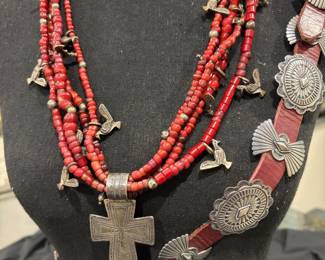 Stunning Coral and sterling Fetish necklace, Signed Concho belt by Navajo artisan Patricia Platero