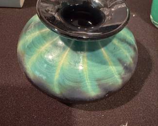 Signed Hand Blown Glass Art Turquoise and Black Pearlescent