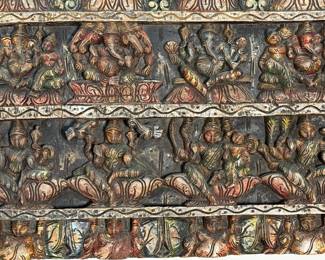 Hand-carved Indian architectural wall panel featuring Hindu deities and intricate detailing