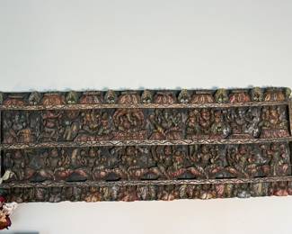 Hand-carved Indian architectural wall panel featuring Hindu deities and intricate detailing