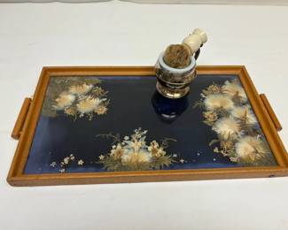 Tray With Pressed Alaska Wildflowers And Silverplate, Milk Glass Saving Cup