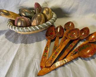 Handcrafted Ceramic Fruit Bowl With Brass Accents And Carved Spoons