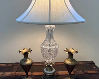 Brass And Glass Marble based Lamp And Two Etched Brass Vases