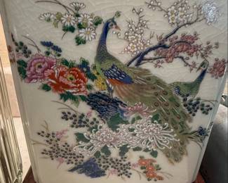 Chinoiserie Peacock and Floral Porcelain Table Lamp