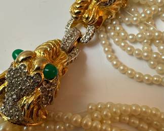 Multi-Strand Faux Pearl Necklace with Double Lion Head Clasp