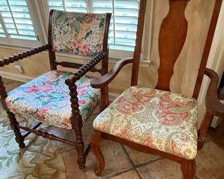 Pair of Upholstered Armchairs in Queen Anne and Barley Twist Styles
