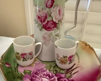 German Porcelain Coffee Set with Tray, Hand-Painted Roses Style