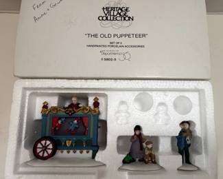 Heritage Village Collection "The Old Puppeteer" Set of 3 Handpainted Porcelain Accessories