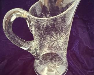 Etched Starburst Pattern Glass Pitcher