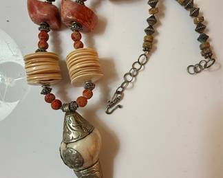 Tribal Style Shell, Bone, and Coral Necklace