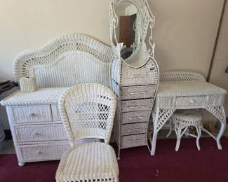 WICKER  Dresser, headboard, cupboard, vanity, chair & stool.