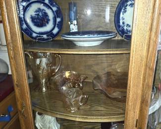 kitchen hutch, flow blue & glass