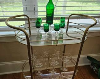 Brass and Glass Bar Cart with Italian Fleur de Lis Decanter and glasses