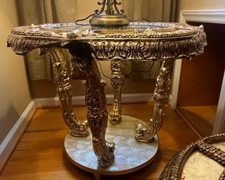 Hollywood Regency Gilt Accent Table with Lamp and Capiz Shell Inlay