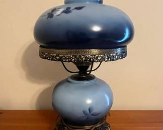 Victorian Style Blue Ombre Glass Hurricane Lamp with Hand-Painted Floral Detail