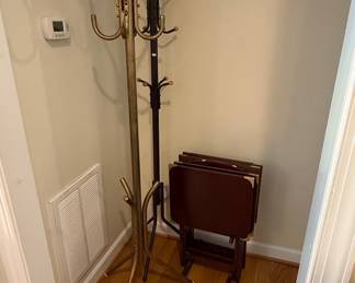 Vintage Gold-Tone Metal Coat Rack and Dark Wood TV Tray Set