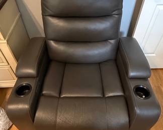 Gray Faux Leather Power Recliner with Cup Holders and LED Lights