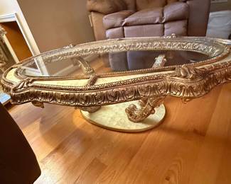 Hollywood Regency Gilt Oval Coffee Table with Inlay and Glass Top