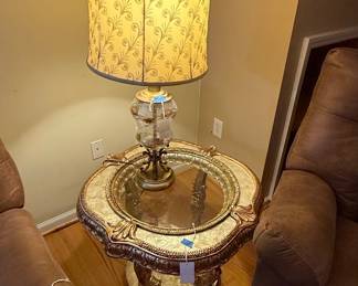 Ornate Gilded Hollywood Regency Accent Table with Mirrored Top and Peacock Lamp