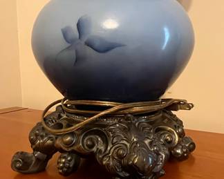 Victorian Style Blue Ombre Glass Hurricane Lamp with Hand-Painted Floral Detail