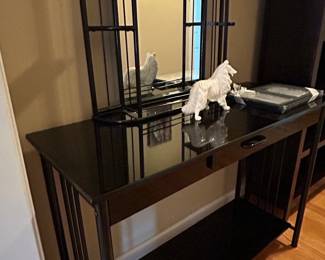Black Metal Console Table with Mirrored Cage Frame and Dog Figurine