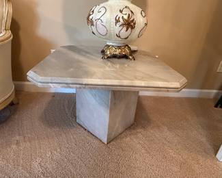 Mid-Century Modern Grey & White Marble Square Pedestal Side Table
