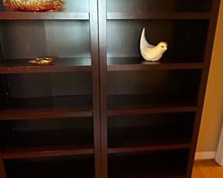 Dark Brown Wood Bookcase with Decorative Glass Bowl and Ceramic Bird
