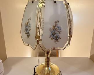 Vintage Hollywood Regency Style Touch Lamp with Blue Floral Frosted Glass Shade
