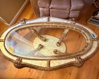 Hollywood Regency Gilt Oval Coffee Table with Inlay and Glass Top