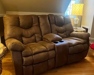 Brown Microfiber Reclining Loveseat with Console by Ashley Furniture