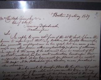 RARE LETTER BOSTON 1839 TREASURY DEPARTMENT