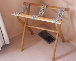 Vintage Scheibe Wood folding luggage rack with tapestry straps