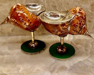LARGE TURBAN SHELL SALT CELLARS IN STERLING AND GREEN GLASS France, 1910-20
