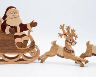 Beautiful handmade intarsia Santa and reindeer 