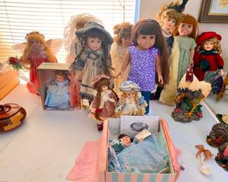 Porcelain dolls and Madame Alexander dolls.